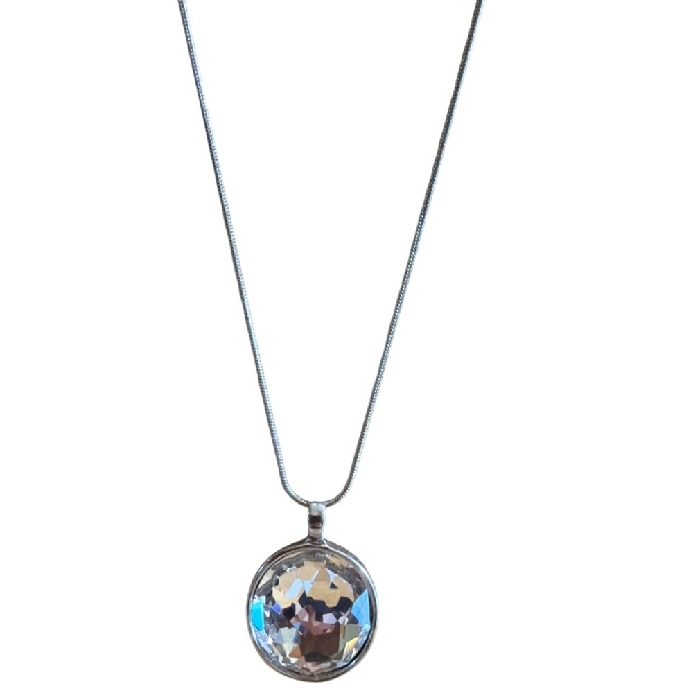 Silver Tone Snake Chain Necklace Large Round Faceted Crystal Solitaire Pendant